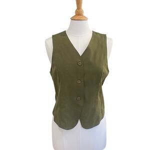 Khaki Green 100% Silk 3 Button V-Neck Vest, Size XS